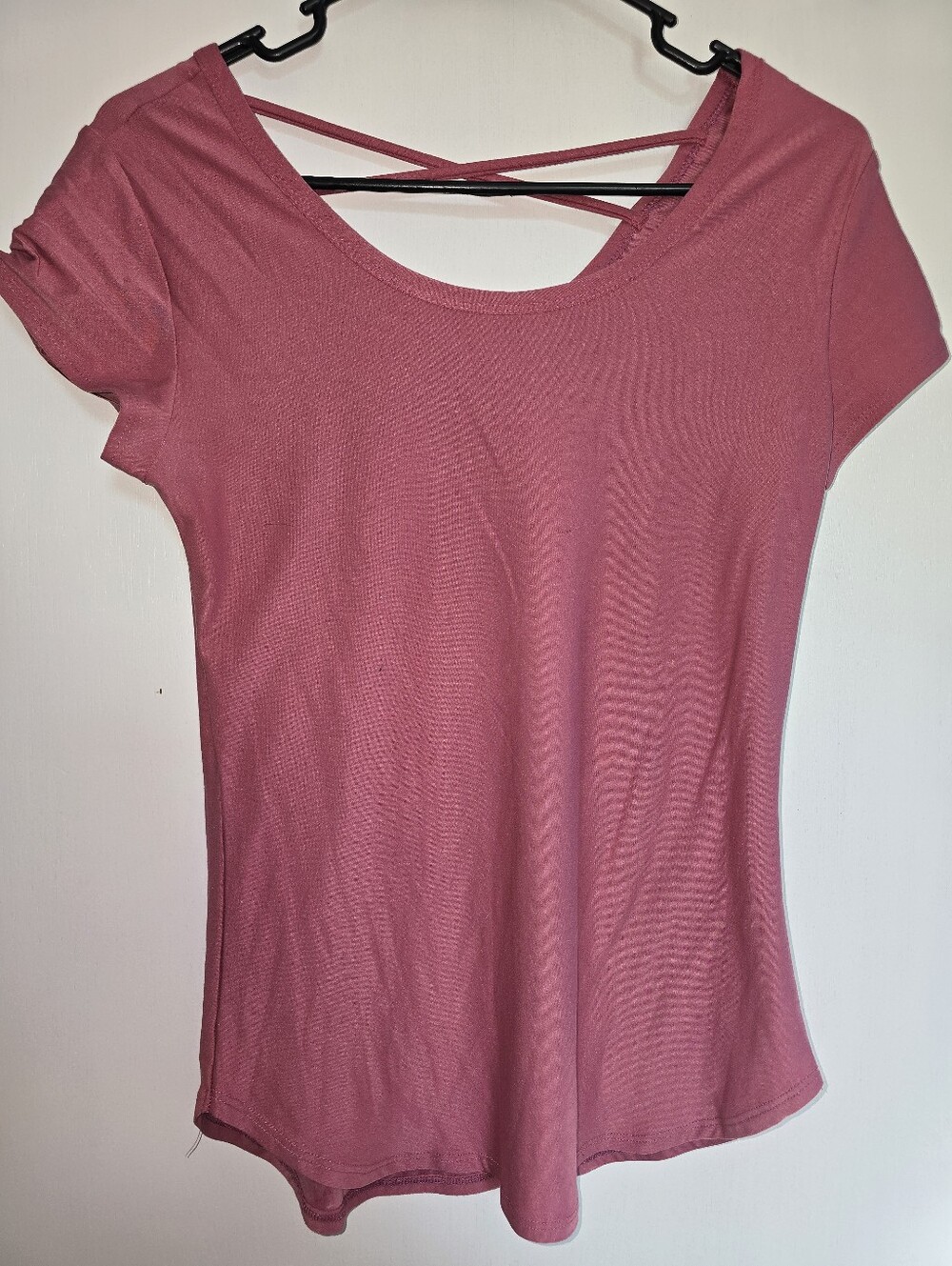 No Boundaries Dusty Rose Short Sleeve Scoop Neck Top with Cross Back Straps